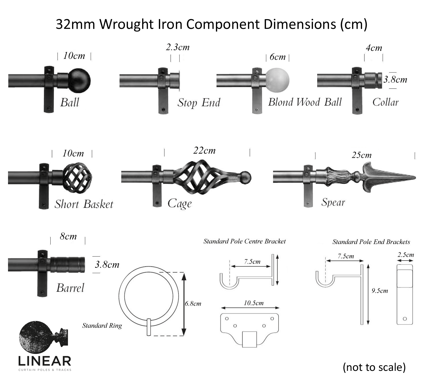 dimensions for 32mm Cameron Fuller curtain pole components